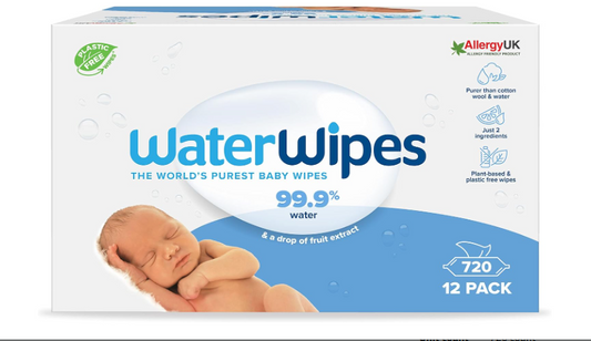 WaterWipes Plastic-Free Original Baby Wipes, 99.9% Water Based Wipes, Unscented for Sensitive Skin, 720 count (Pack of 12)